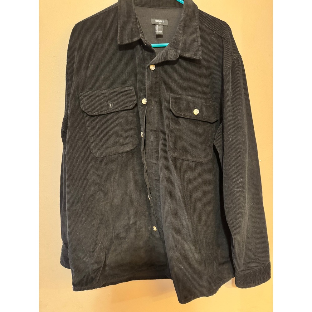 Forever 21 Men Black Corduroy Button Down Shirt Long Sleeve Large Pockets